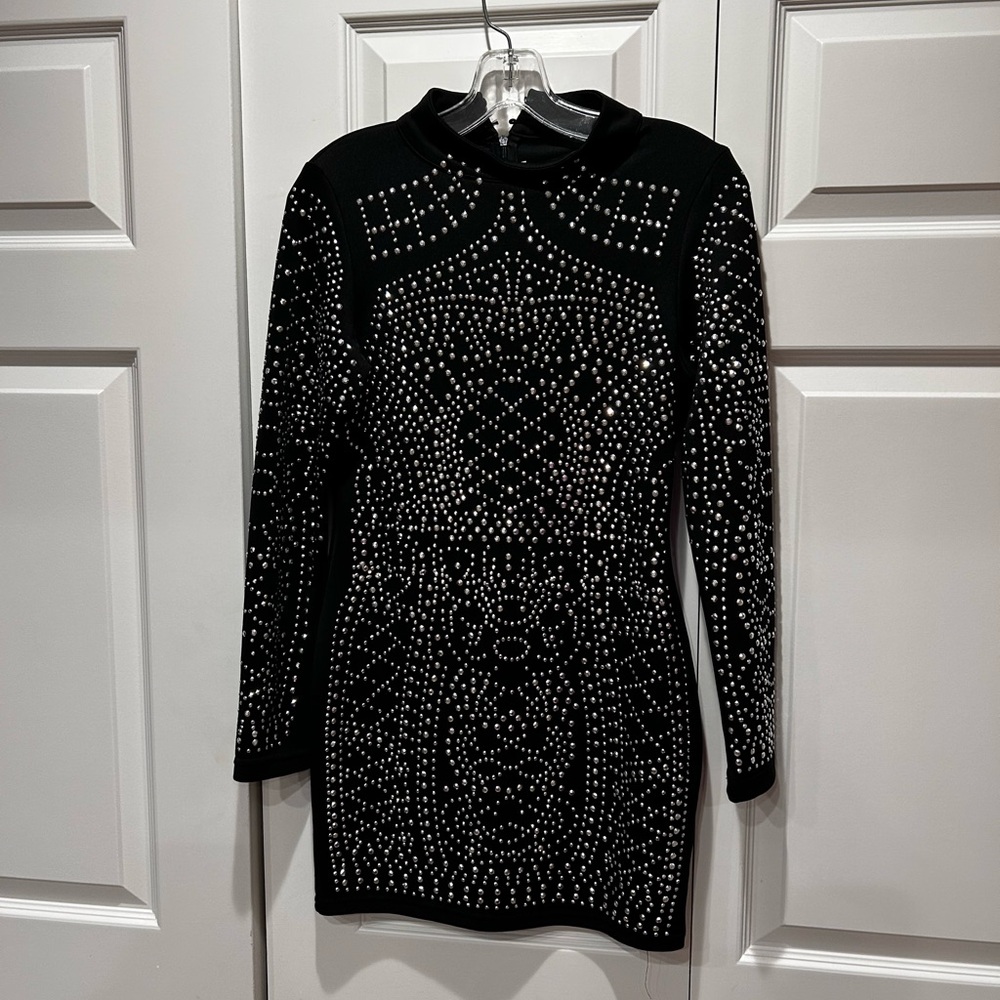 Black Embellished Bodycon Dress with Mock Neck